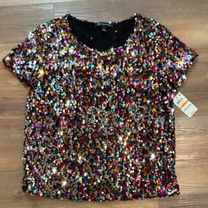 INC International Concepts Multicolor Sequin Short Sleeve Top